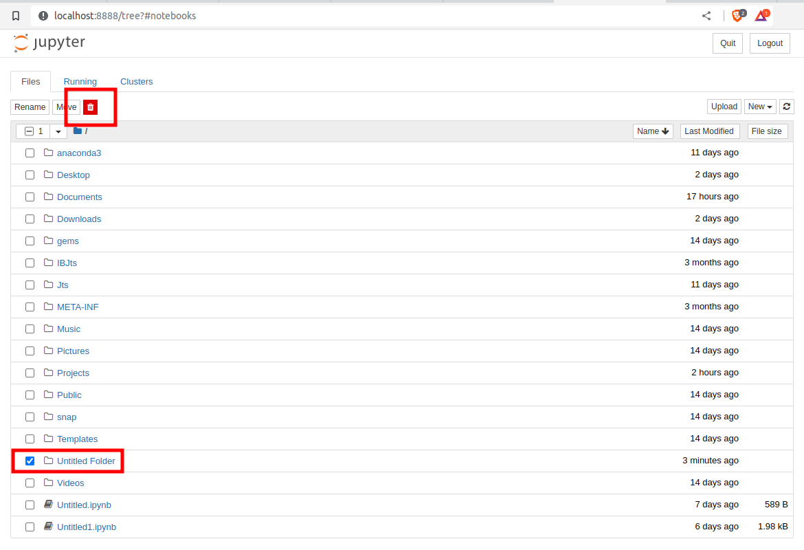Screenshot image of Jupyter Notebook Server New Delete Untitled Folder