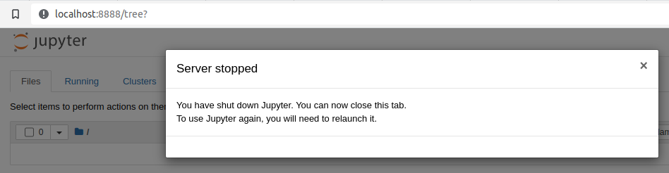 Screenshot image of Jupyter Notebook Server Stopped message